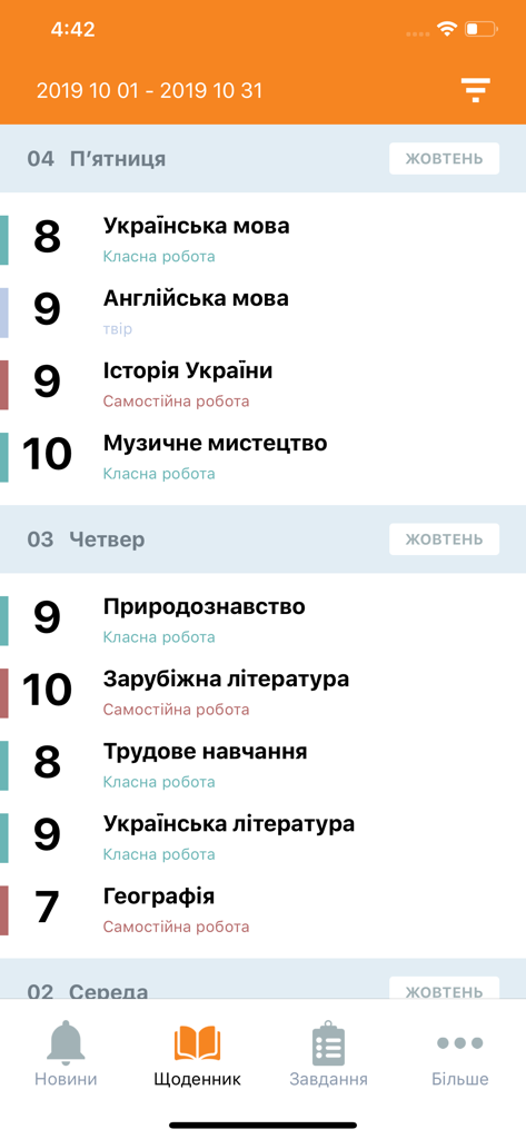Моя школа - Pantalla de la aplicación móvil que muestra un diario escolar digital con calificaciones de lecciones de lengua y historia ucranianas