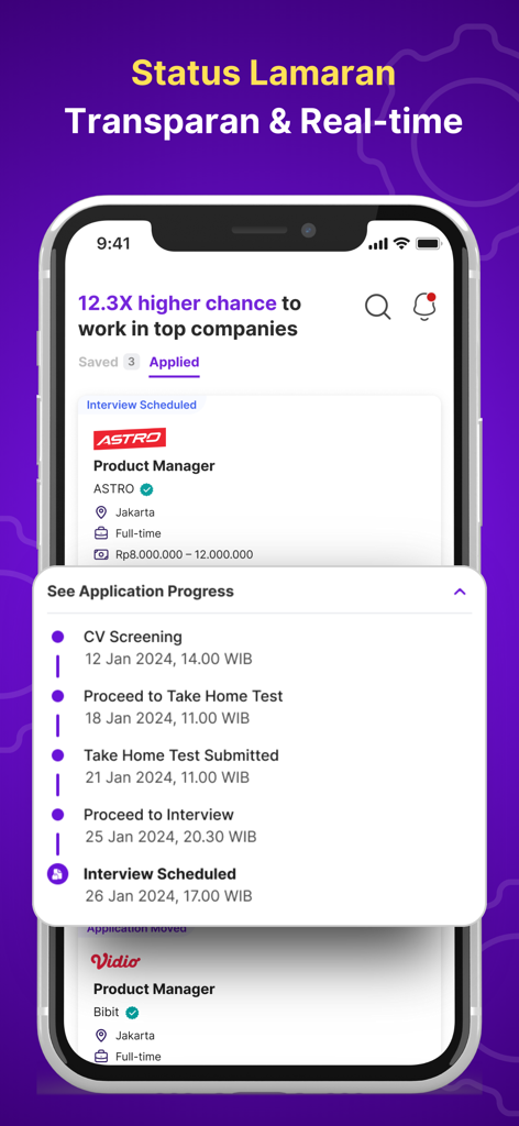 Dealls Jobs: Loker & Konsul CV - Dealls Jobs mobile app interface showing real-time job application progress and status updates