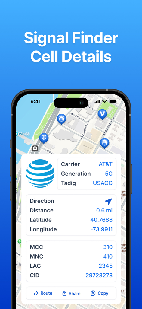 Interactive cell tower map showing 5G AT&T signal details and technical coordinates.