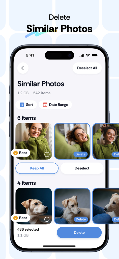 Expert Cleaner - Clean Storage - Interface of Expert Cleaner app displaying groups of similar photos with a recommendation for the best one and options to delete duplicates