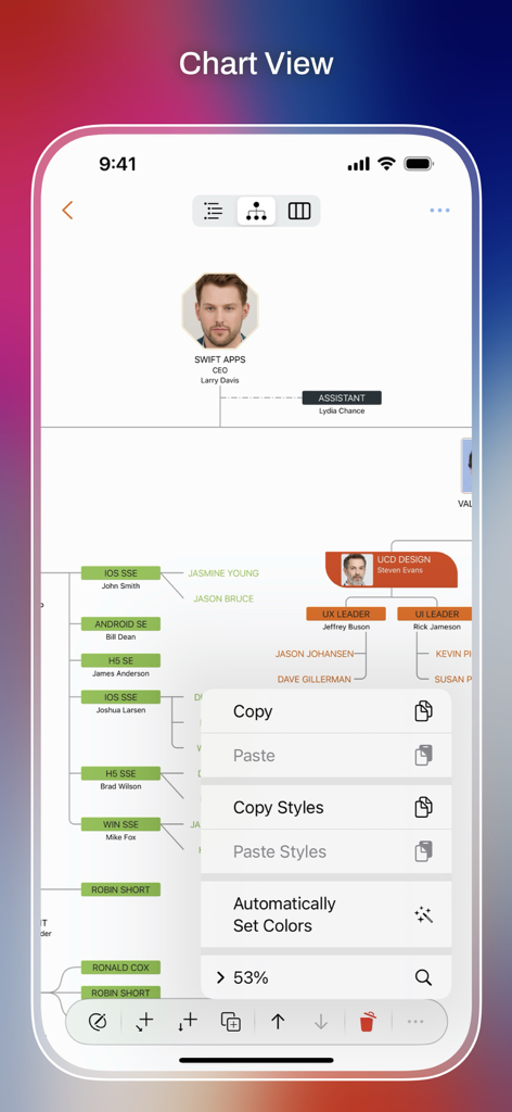 Captura de pantalla de la aplicación OrgChartX en un iPhone mostrando un organigrama complejo con un menú contextual abierto para editar y estilizar.