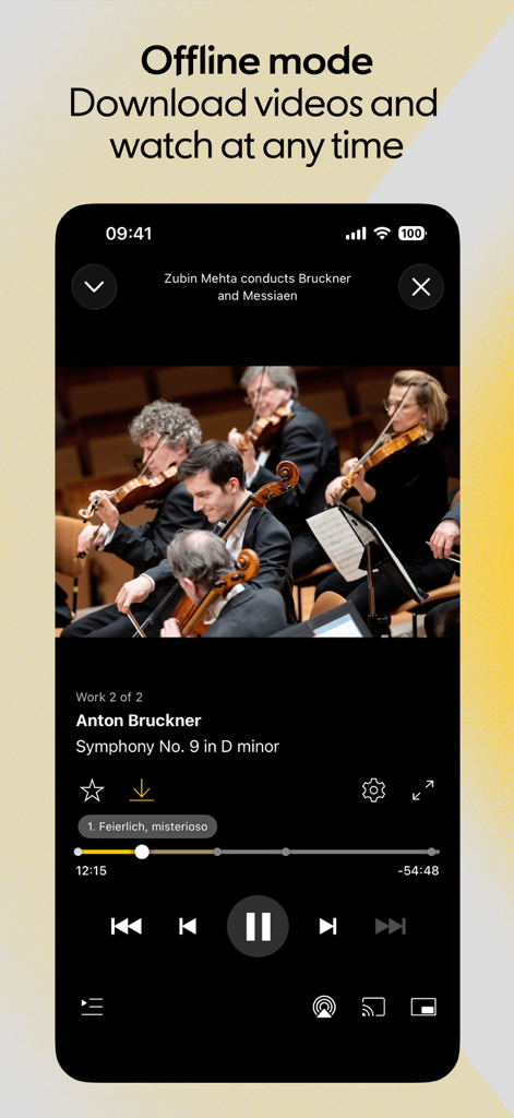 Berliner Philharmoniker - Ein Smartphone zeigt die Benutzeroberfläche der Berliner Philharmoniker App mit einer Funktion zum Herunterladen von Konzertvideos für die Offline-Wiedergabe