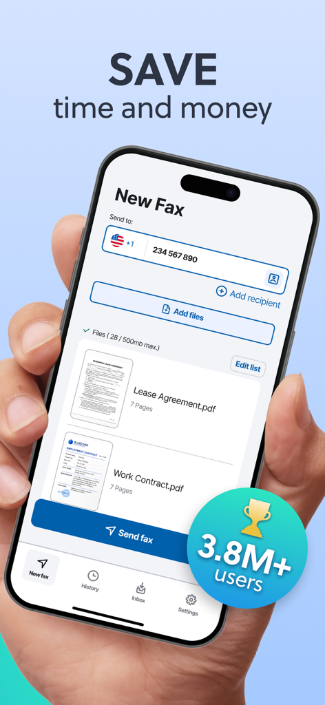iPhone app interface showing a new fax screen with uploaded lease agreement and work contract documents