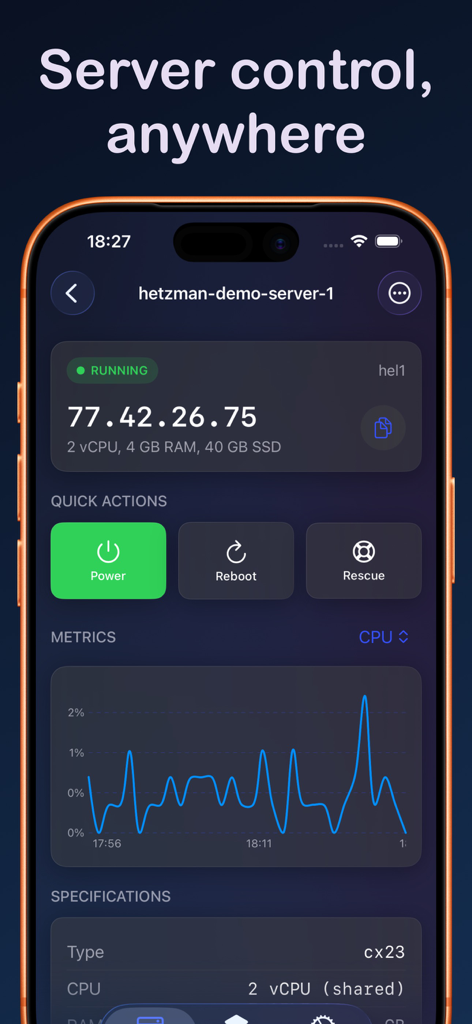 Hetzman app dashboard on an iPhone showing server status, quick action buttons for power and reboot, and a CPU metrics chart.