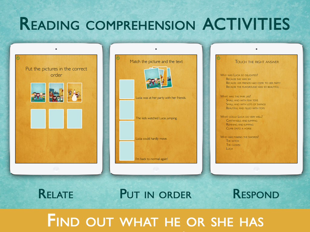 Teach Me to Read with Lucia - Three iPads displaying reading comprehension exercises including picture ordering and matching for kids