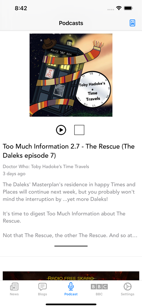 DW WhoNews for Doctor Who - Podcast player screen in the DW WhoNews app featuring Doctor Who content
