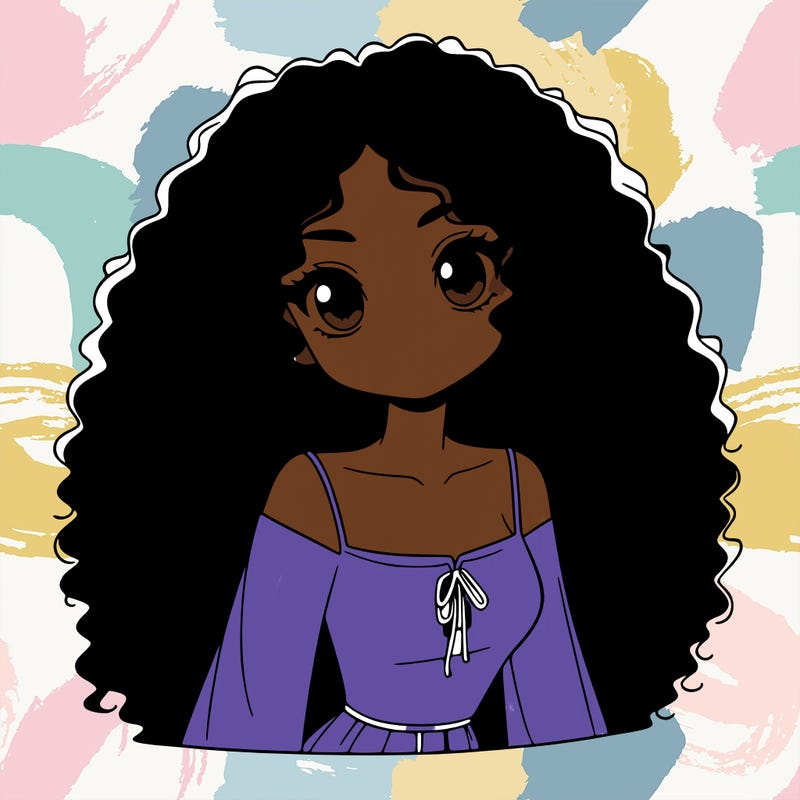 a black anime girl with long afro hair
