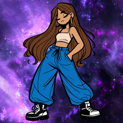 girl in baggy pants crop top and long hair