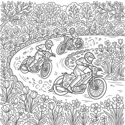 Experience the exhilarating blend of speedway racing and the vibrant beauty of spring in this detailed coloring page. Three determined racers on their motorcycles navigate an oval track, surrounded by lush, blooming flora, all waiting for your creative colors.