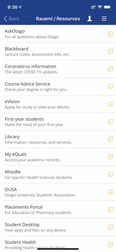 A list of university resources in the Otago app including Blackboard Library and Student Health