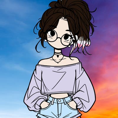 girl with a messy ponytail glasses a baggy crop top and jean shorts