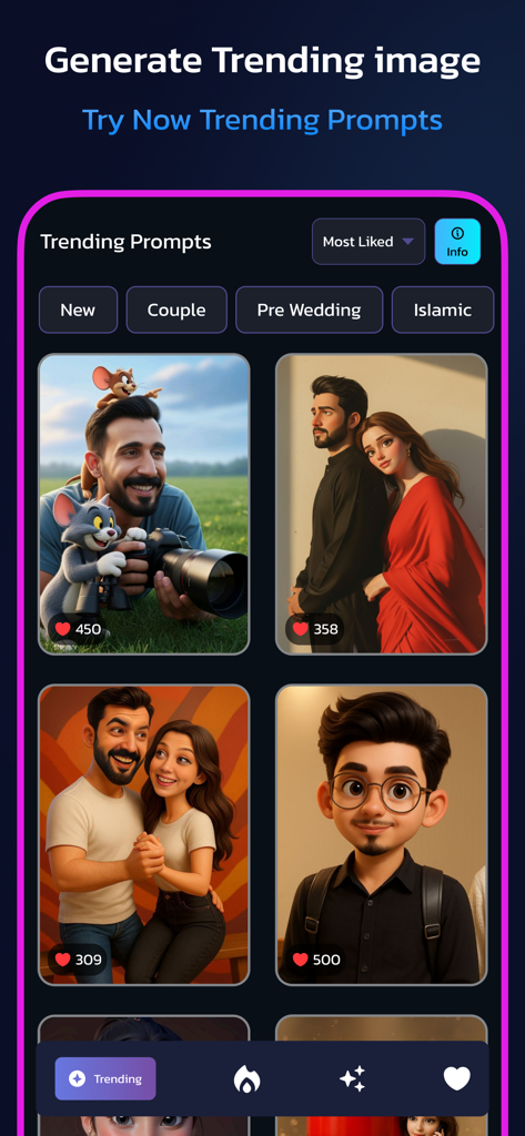 Trending prompts section of Prompt App featuring various AI-generated image styles and user likes