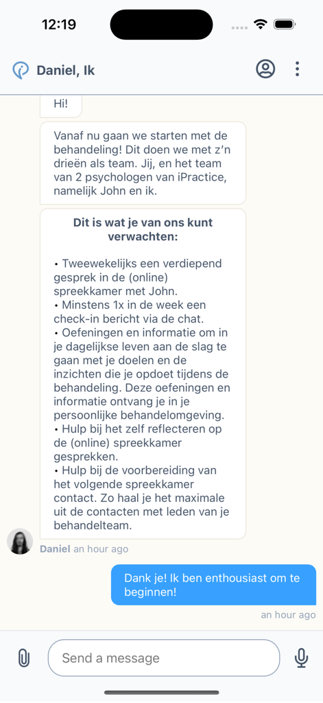 Secure chat screen within the iPractice app showing a conversation between a psychologist and a patient about their therapy treatment plan