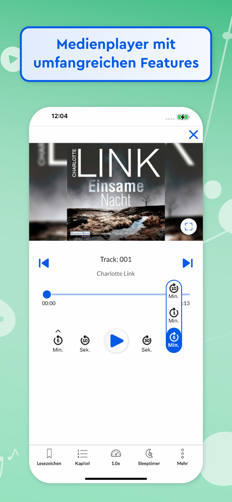 Audio player interface of the Onleihe 3 app displaying a book cover with playback and navigation controls