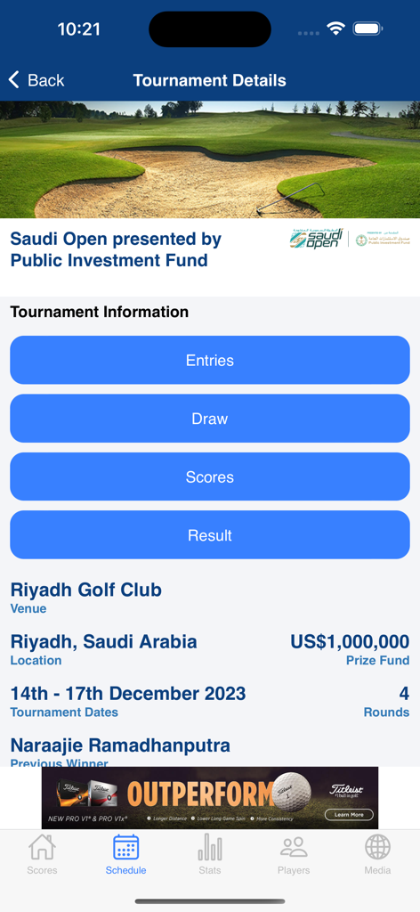 Asian Tour - 리야드 골프 클럽 장소와 상금 정보를 포함한 사우디 오픈 토너먼트 세부 정보를 표시하는 아시안 투어 앱 화면