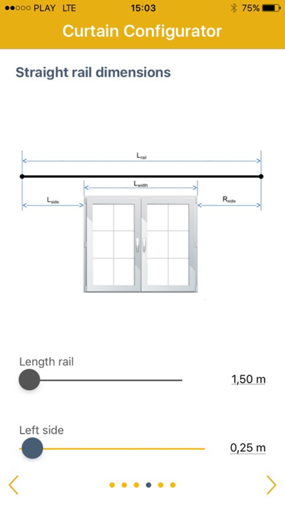 Somfy app screen for configuring straight rail curtain dimensions with a window diagram and measurement sliders
