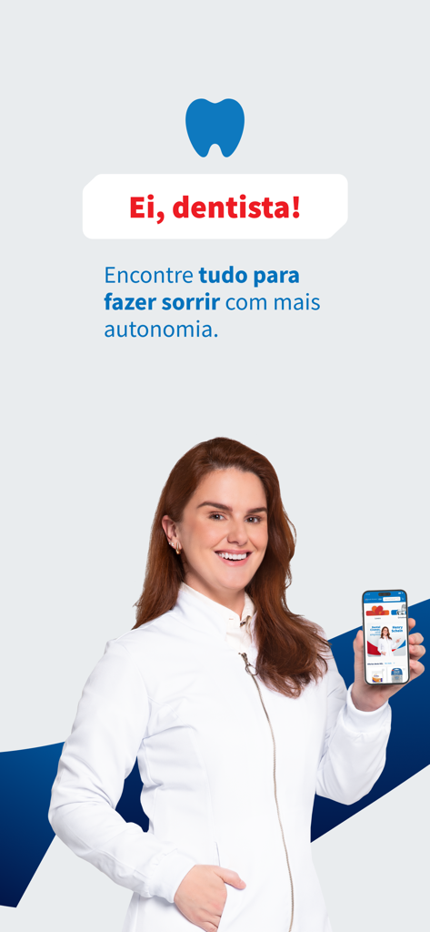 A smiling female dentist in a white lab coat holding a smartphone that displays the Dental Cremer app
