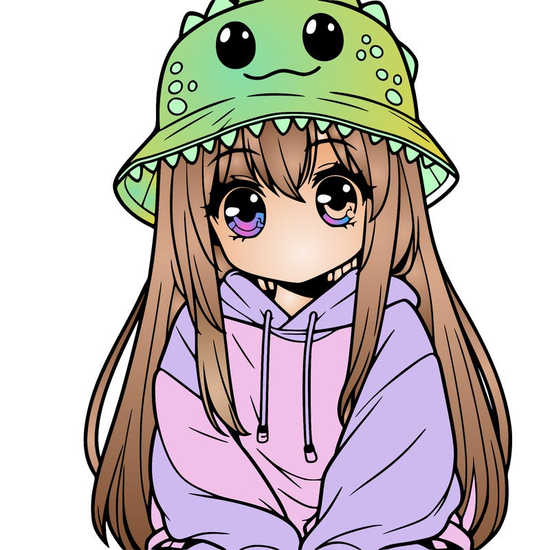 girl with anime shaped eyes with a dinosaur bucket hat oversized sweatshirt long straight hair