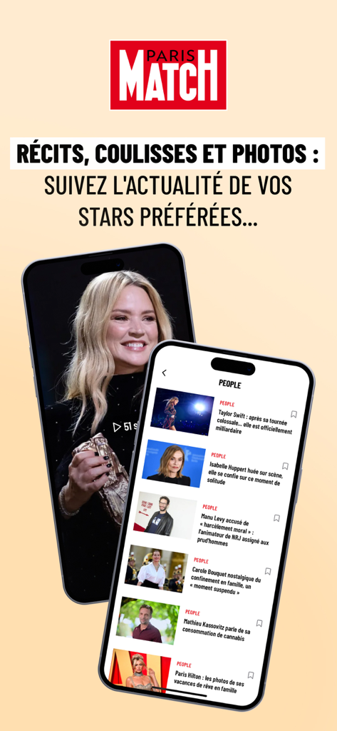 Paris Match mobile app interface showing celebrity news stories and star portraits