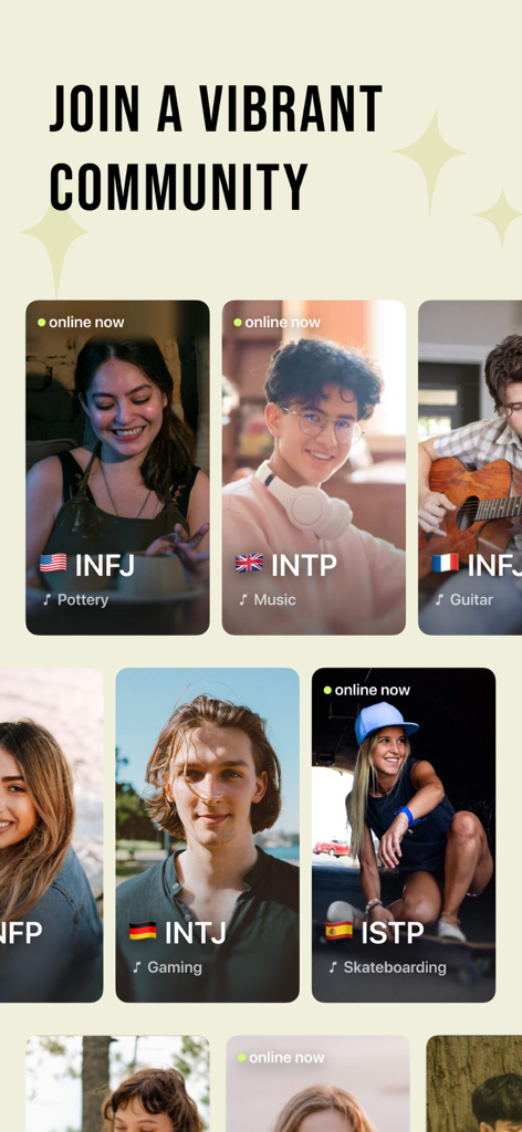 Pdb App: Personality & Friends - Un collage de profils d'utilisateurs divers sur l'application Pdb affichant des types de personnalité comme INFJ et INTP ainsi que des loisirs personnels