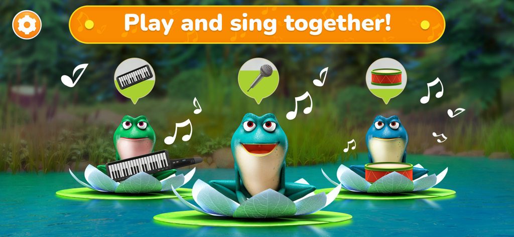 LooLoo Kids World For Toddlers - Tres ranas tocando instrumentos en nenúfares en un minijuego musical para niños pequeños