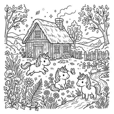 Discover a charming scene featuring playful baby unicorns enjoying a peaceful cottagecore setting. This delightful coloring page invites you to add your unique splash of color to a rustic, magical world.