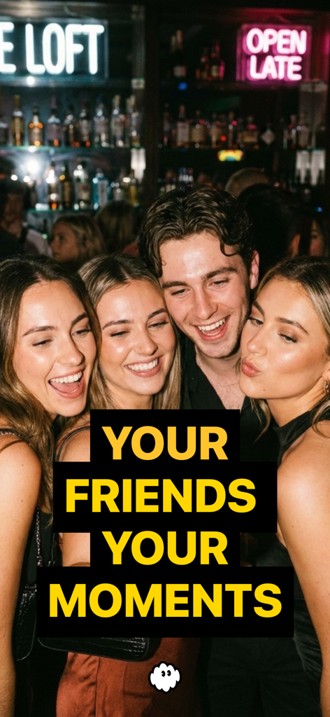 Four young friends smiling together at a bar with the text Your Friends Your Moments for the tjub app.