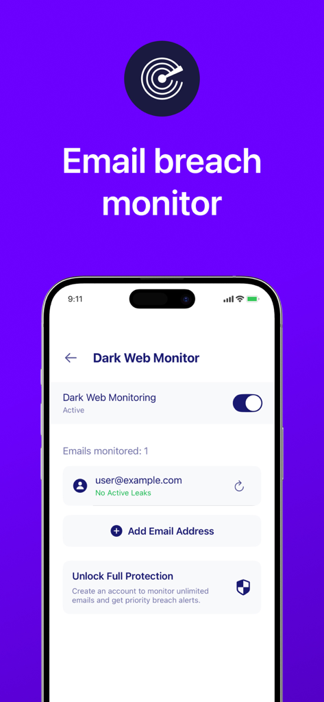 VMP™: Fast Unlimited VPN Proxy - VMP VPN app interface showing the email breach and dark web monitoring dashboard