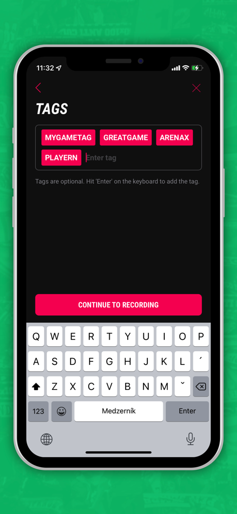 Sport.Video - Interfaz de la aplicación Sport Video que muestra la pantalla de entrada de etiquetas con un botón para continuar la grabación