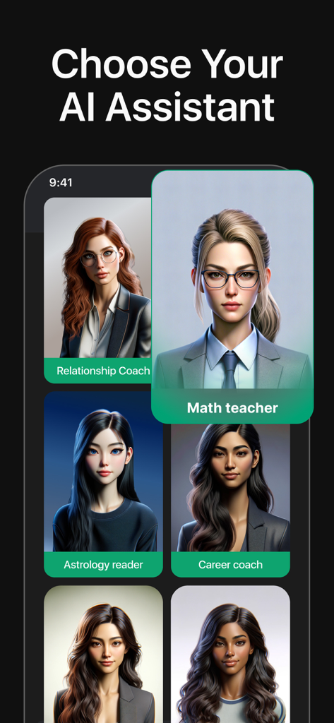 Un'interfaccia di app mobile che visualizza varie personalità di assistenti AI come un insegnante di matematica e un career coach