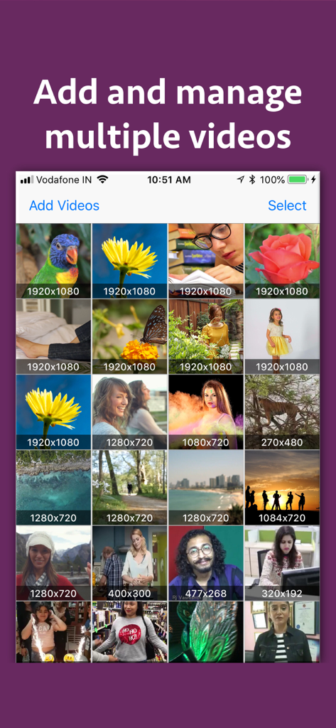 A screen in the Video Divider app showing a grid of uploaded videos with their respective resolutions displayed.