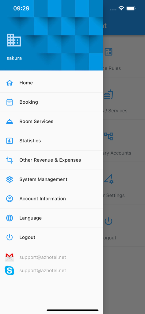 AzHotel App Seitenmenü mit Optionen für Buchung von Zimmerdienstleistungen und Systemverwaltung.