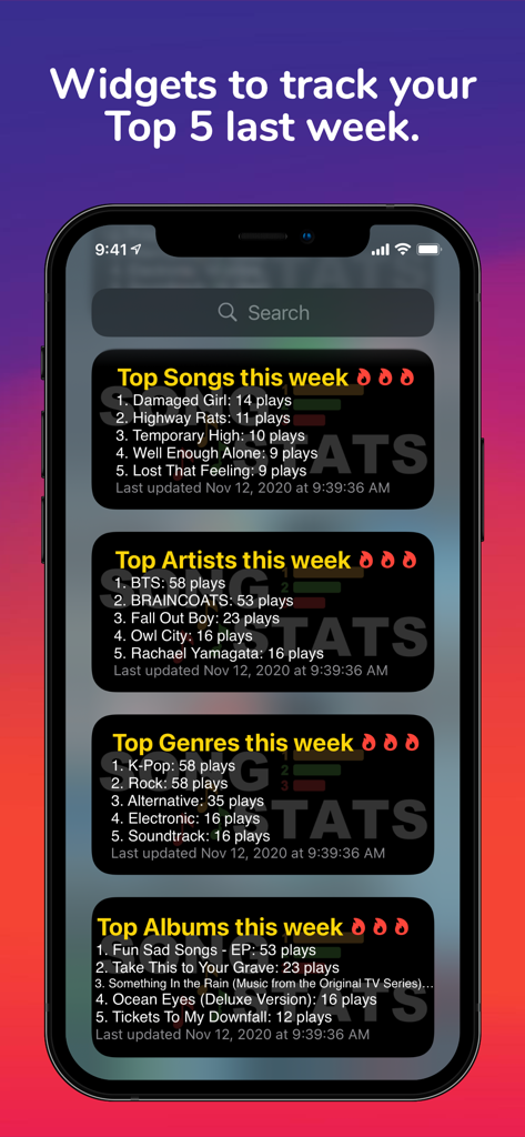 Song Stats for Apple Music - iPhone screen showing widgets for weekly top songs artists and genres from Apple Music