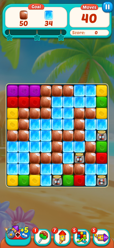 Fruit Cube Blast: Match 3 Game - Gameplay screenshot of Fruit Cube Blast showing a match 3 puzzle grid with fruit and ice blocks on a beach background