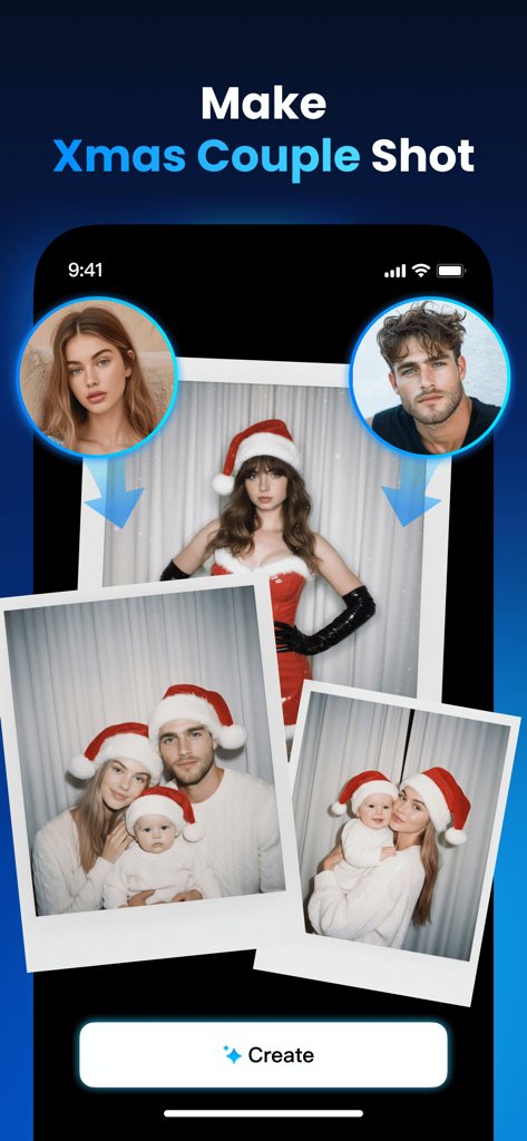 AI-generated Christmas themed couple and family photos in Polaroid style within the Faceplay app.
