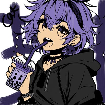 hot baddie anime girl drinking boba and biting the straw