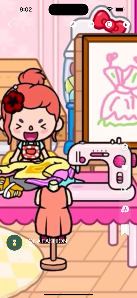 Toca Boca fashion design ideas - A Toca Boca character in a pink fashion design studio with a sewing machine and dress mannequin