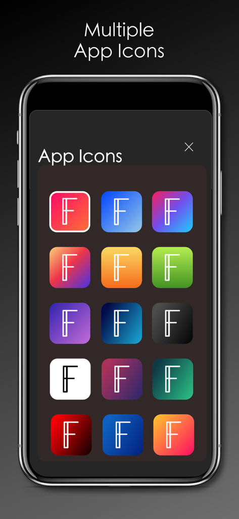 Um menu de opções de ícones de aplicativos coloridos para personalização da tela inicial, mostrando vários fundos gradientes com uma letra F branca