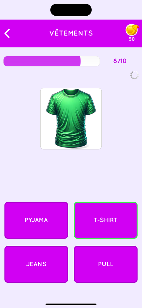 A French language learning app showing a vocabulary quiz for clothes with a picture of a green t-shirt and multiple choice options.