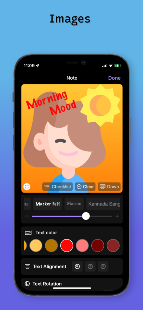 Interfaz de la aplicación Jot Down que muestra una nota con una ilustración y texto que se personalizan con opciones de fuente y color en un iPhone.