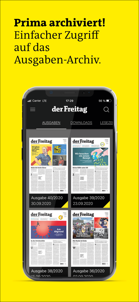 der Freitag EPaper - Smartphone-Bildschirm zeigt das Archiv der Ausgaben in der der Freitag EPaper App.