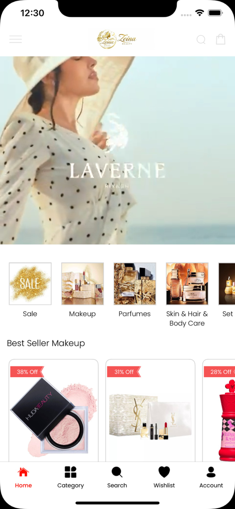 Zeina Beauty - Home screen of Zeina Beauty app featuring luxury makeup and perfume collections