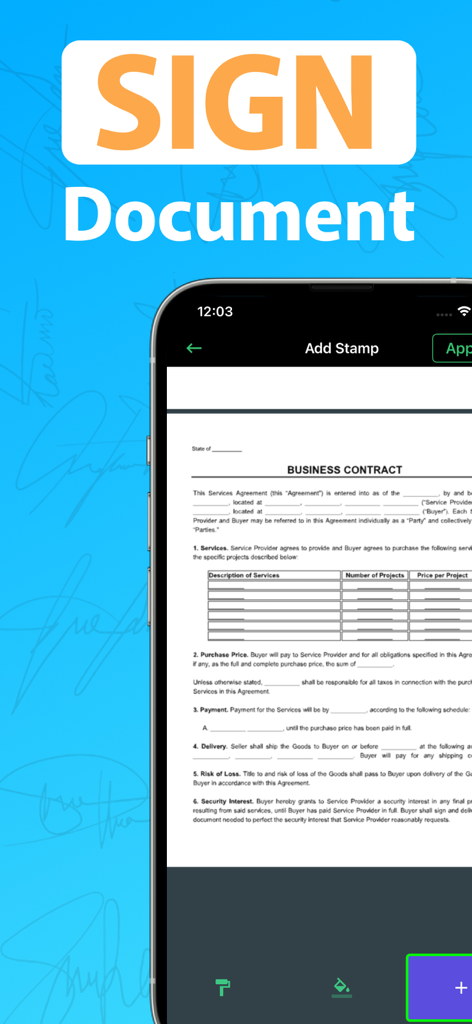 Easy Signデジタル署名アプリのインターフェースで、ビジネス契約書を表示しているスマートフォン。