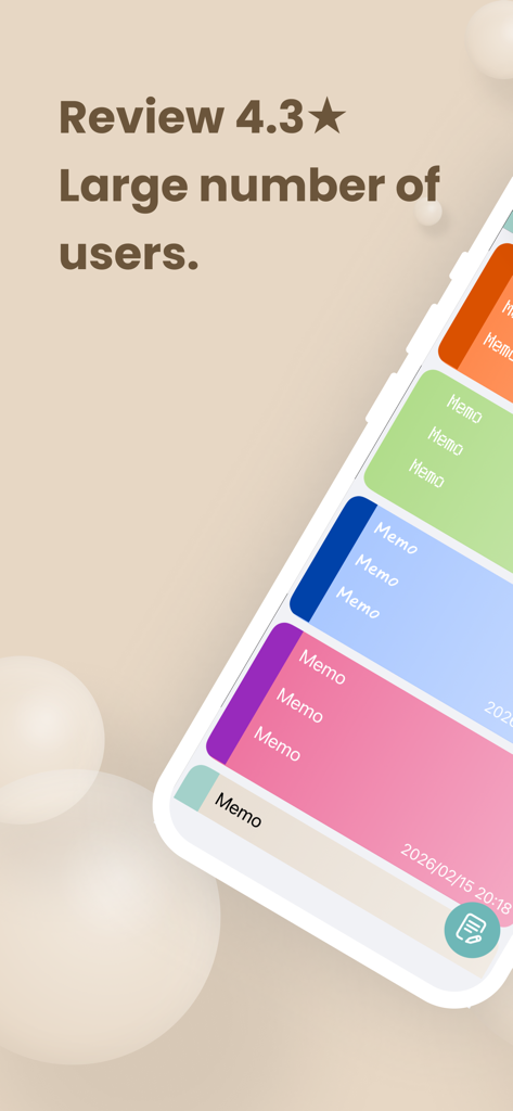 Widgets Sticky Note - A smartphone screen displaying a list of colorful digital sticky notes with a 4.3 star user rating.