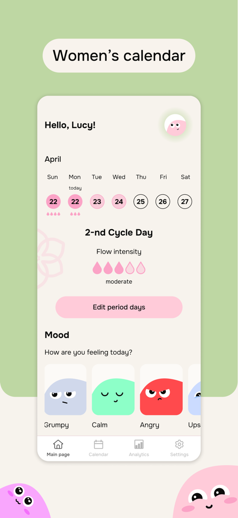 Nayya - cycle & mood tracker - Nayya app home screen showing cycle day tracking and mood selection icons.