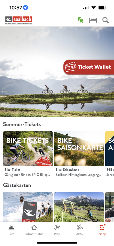 Saalbach Hinterglemm - Saalbach Hinterglemm app interface showing summer bike tickets and mountain navigation features