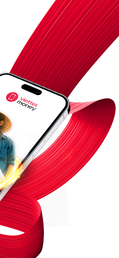Viettel Money app logo on a smartphone screen with a red swirling ribbon and a person wearing a traditional conical hat