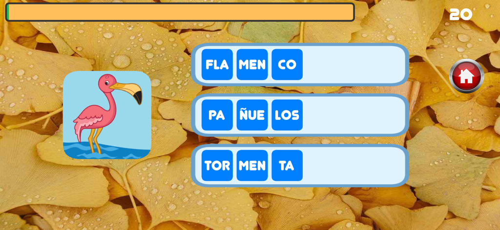 Sílabas y palabras Pro - Pantalla de un juego de aprendizaje de español que muestra la ilustración de un flamenco y tres opciones de palabras divididas en sílabas