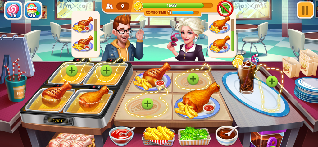 A cooking game screen showing a chef preparing fried chicken and fries for customers in a restaurant