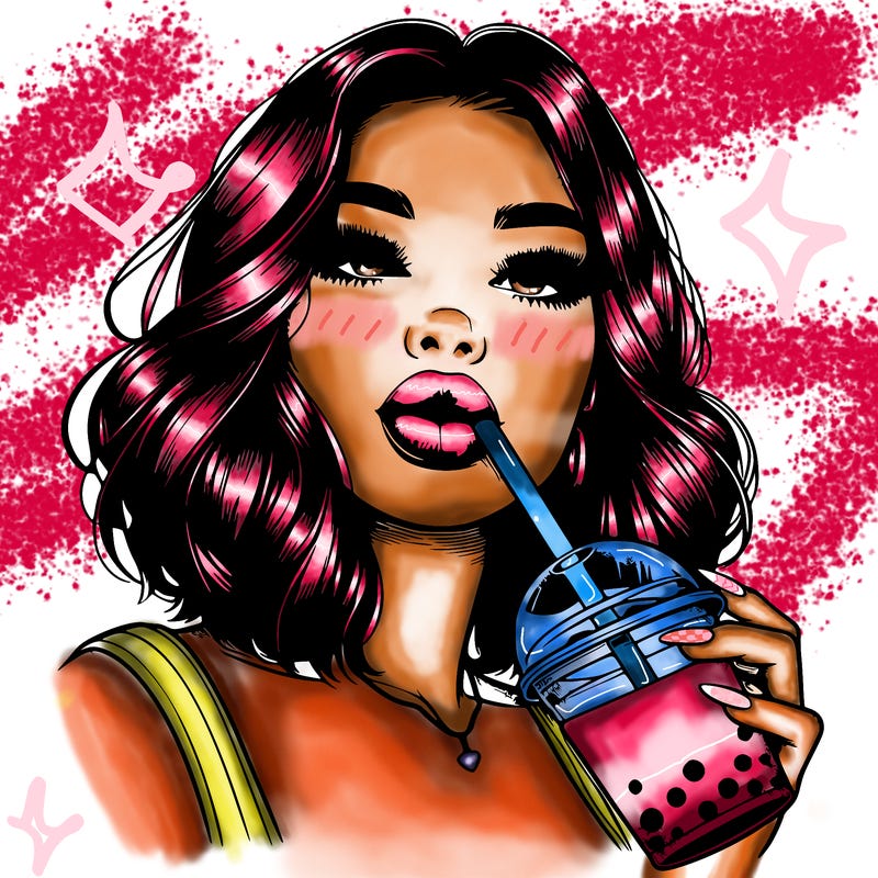 realistic girl with glossy lips holding boba